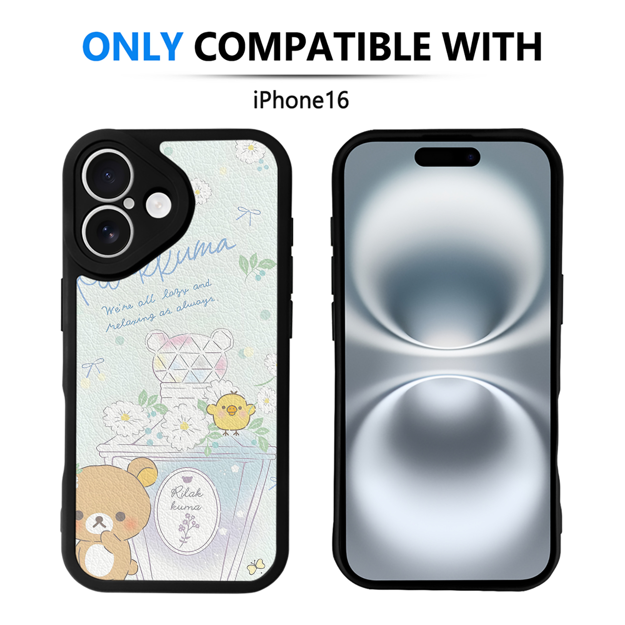 （画像用） リラックマ リラックマ キイロイトリ Rilakkuma Korilakkuma Kiiroitori 【iPhone 16シリーズ対応】シリコンスマホケース（レザー調） 材質：シリコン